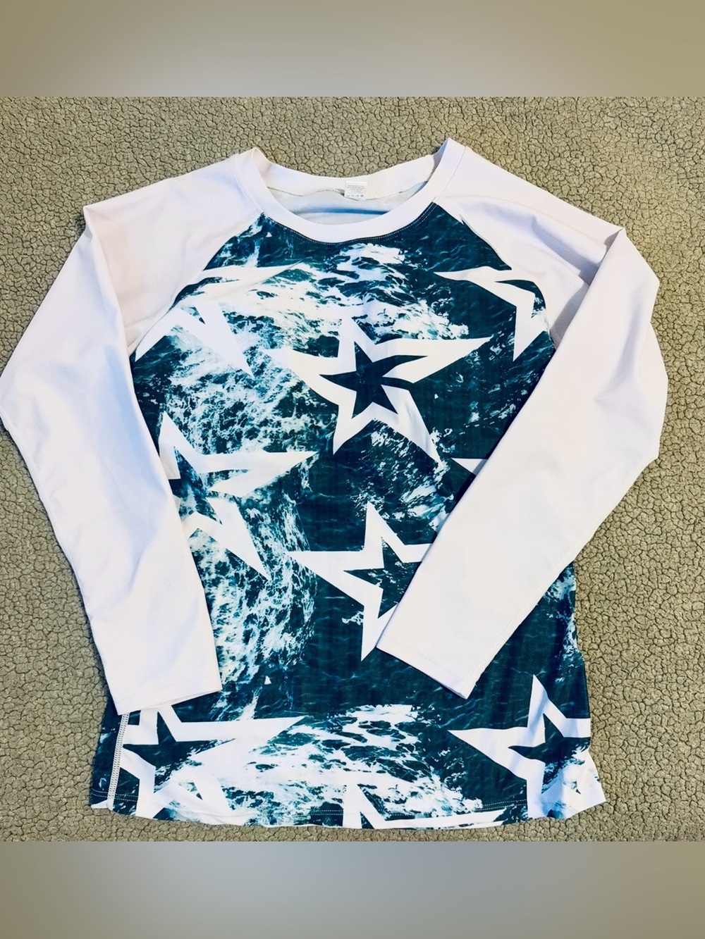 Long Sleeve Rash Guard Swim Top - White and Teal Star Print